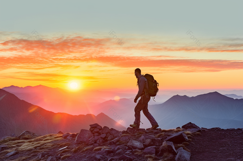 夏季时分日落时美丽的山脉中的徒步旅行场景,高清,摄影图,摄影图片,图片大全,摄影图免费下载